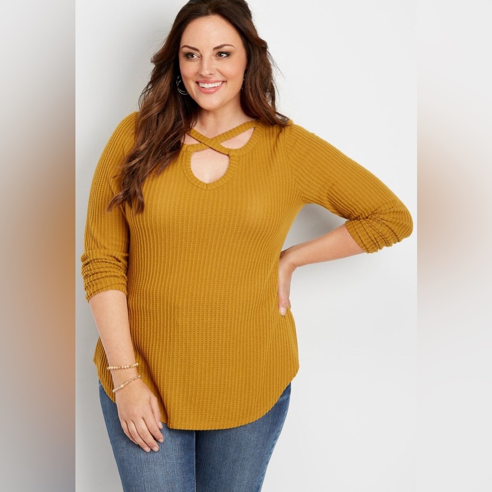 Maurices 24/7 waffle knit crisscross mustard yellow gold long sleeve size Medium